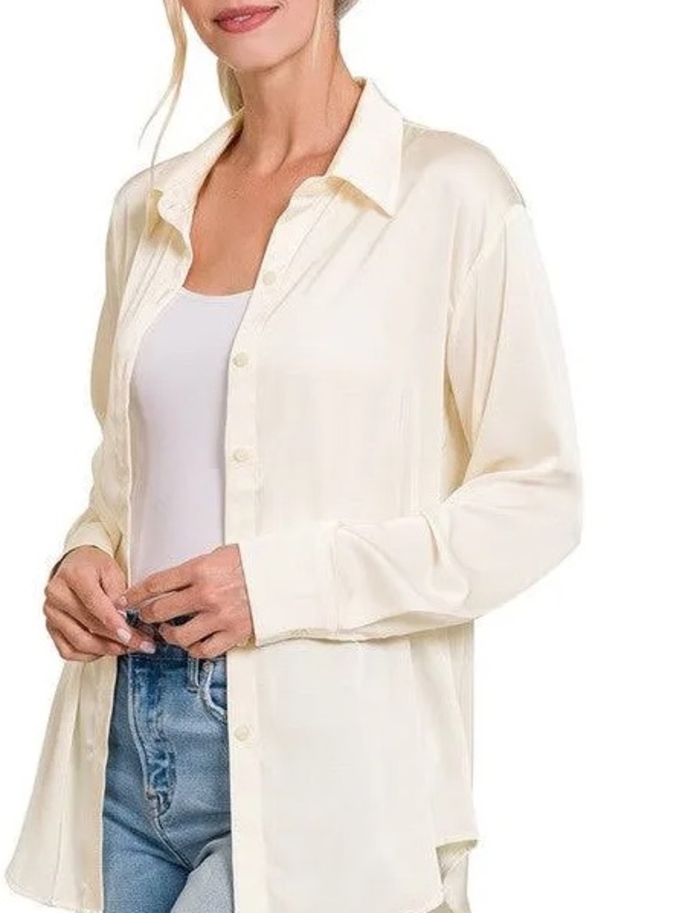 Et Clet Cream Button-Down Satin Blouse